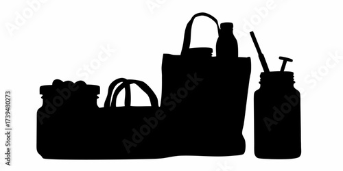 Sustainable Living Essentials Silhouette: Eco-Friendly Jars, Bottles, and Bags for Zero Waste Lifestyle, Promoting Environmental Consciousness