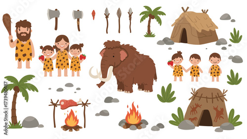 Prehistoric Cavemen Life Cartoon Set: Stone Age Family, Mammoth, Tools, and Huts Collection