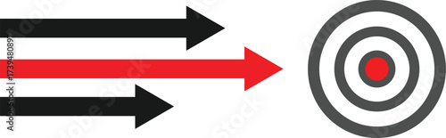 focused marketing strategy with multiple arrows targeting bullseye goal achievement isolated on white background.