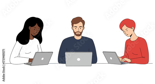 Three diverse individuals collaborating on laptops, symbolizing teamwork and digital connectivity in a modern setting
