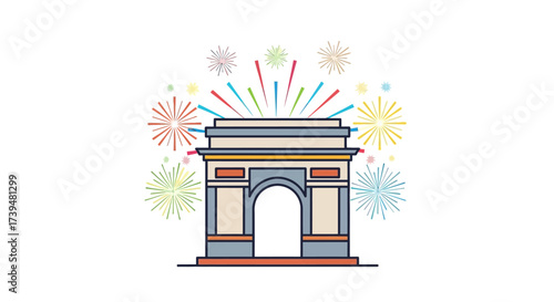 Celebration at the Arch: A Minimalist Illustration of Triumph and Joyful Fireworks