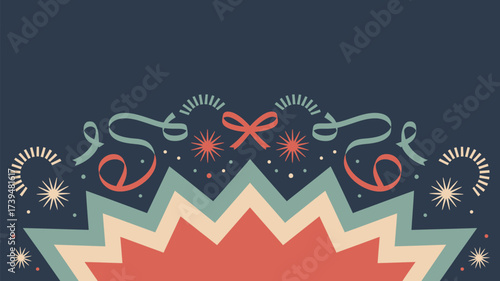 Festive design with ribbons stars and zigzag pattern against a dark blue background style graphic art