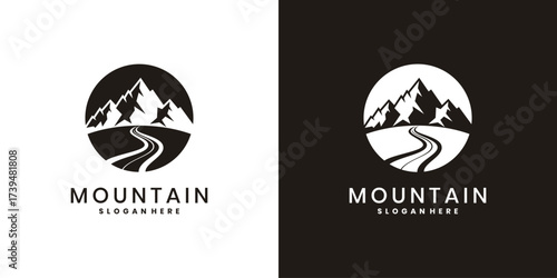 Mountain adventure logo design with road path silhouette