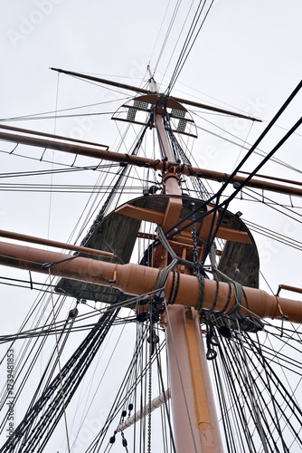 Mast and Rigging on Old Sailing Ship seen from Below 