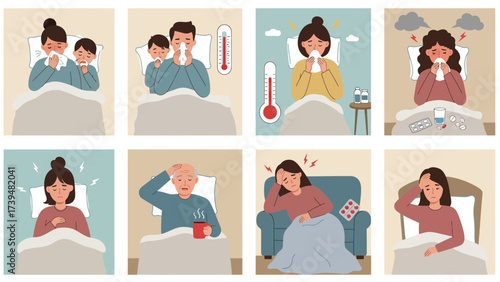 Collection Of Illustrations Depicting Various Common Illnesses And Sickness Symptoms