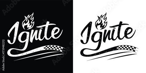 Ignite text logo with distressed effect and flame accent, shown in both black and white versions for diverse creative projects