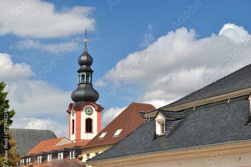 View of Ornate German Onion Domed Church Tower seen from Below