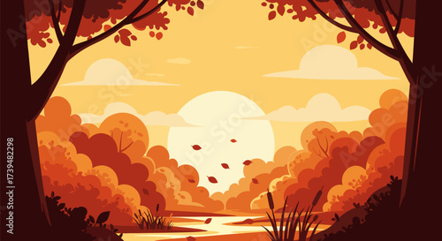 Vibrant fall season illustration showcasing a breathtaking sunset over a calm river surrounded by rich, colorful foliage and falling leaves
