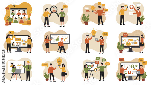 Modern Business Concepts: Digital Communication, Teamwork, Strategy, And Innovation Illustration Set