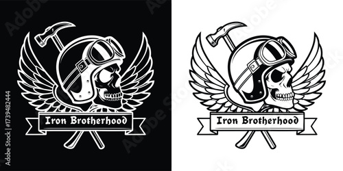 Stylized emblem with a skull, wings, and crossed hammers, accompanied by the text iron brotherhood, presented in both black and white variants for versatile use