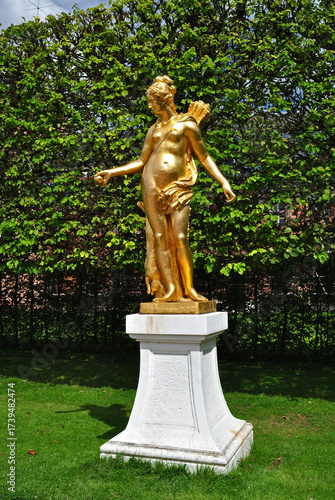 Classical 19th century Golden Female Statue on Plinth in German Public Park 