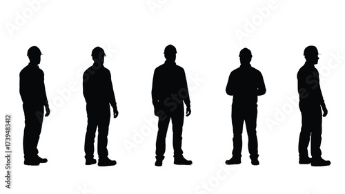 Silhouettes of Industrial Workers in Hard Hats Posing on White Background