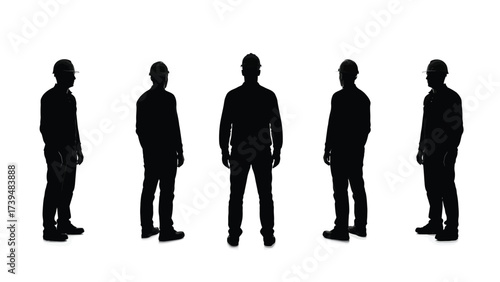 Five Silhouettes Of Construction Workers In Hard Hats On White Background