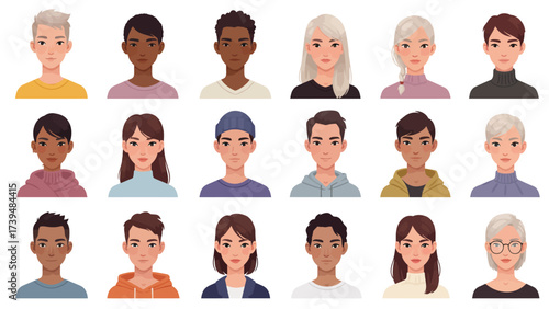 Diverse User Avatars Collection: Modern Cartoon Portraits of People