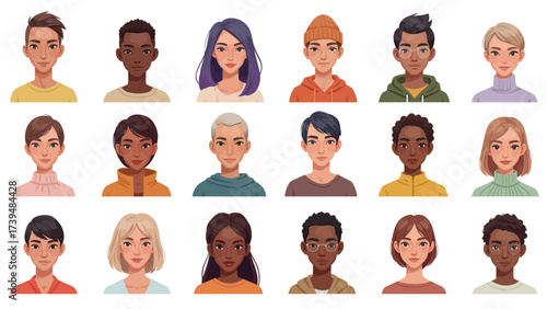 Diverse Cartoon Avatars: Modern Portraits Of Multi-Ethnic Young Adults