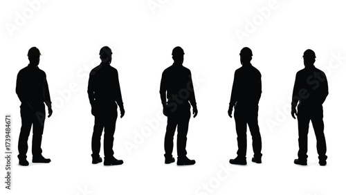 Group Of Industrial Workers Silhouettes In Hard Hats On White Background