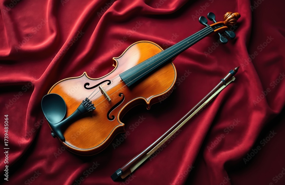 Fototapeta premium Orchestral violin with bow lies on elegant draped deep red velvet fabric. Classical string instrument, polished wood, polished varnish, dark fingerboard, tuner pegs, bridge, chin rest.