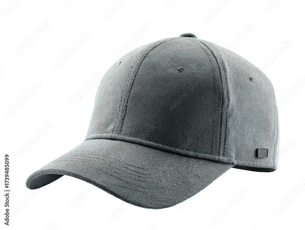 Fototapeta premium A sleek dark gray baseball cap with a subtle distressed denim texture, presented from a three-quarter side view.