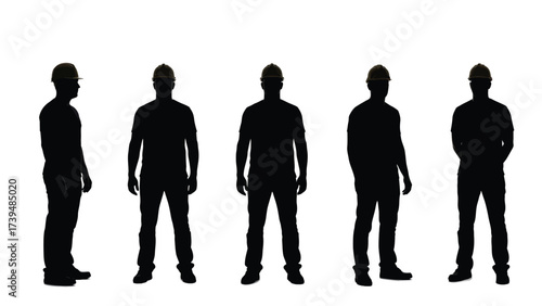 Silhouettes Of Construction Workers In Hard Hats On White Background