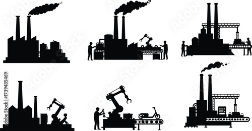 Industrial automation factory silhouettes vector set, robotic arms with conveyor belts, human workers collaboration, smoke chimneys, modern manufacturing technology illustration collection