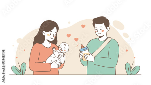 Happy Parents Caring for Newborn Baby Illustration