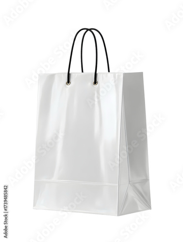 A premium white glossy shopping bag with black rope handles and gold eyelets.