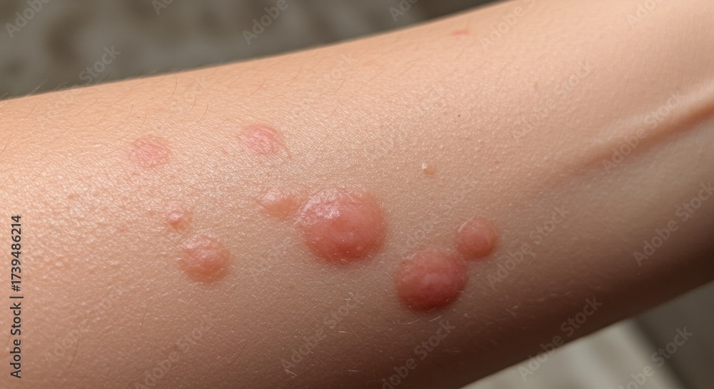 Fototapeta premium Close-up of a forearm showing small red raised bumps on the skin, resembling a rash, irritation, or possible allergic reaction. Useful for concepts of dermatology, skin conditions