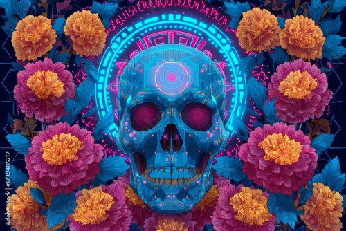 A blue digital skull glows brightly centered among vibrant pink and yellow flowers with dark foliage.