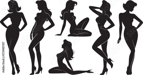 Glamorous Pin-Up Female Silhouettes Vector Collection with Retro Style Poses Stunning Woman Body Shapes and Seductive Figures for Graphic Design Projects