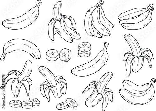 Banana fruit set hand-drawn clipart collection with peeled slices