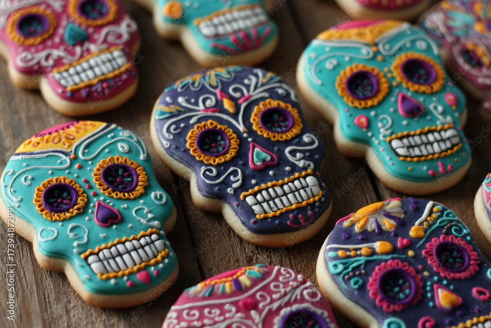 Fototapeta premium Colorful sugar cookies shaped like decorative skulls are displayed closely together on a rustic wooden surface.