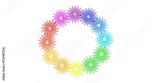 Circular array of festive radiant elements depicting celebration and vibrant energy with rainbow