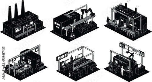 Industrial factory vector illustration, isometric manufacturing process, automation, assembly line, workers, robotic arms
