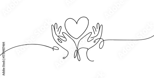 Hands holding heart vector illustration, love, care and relationship minimal line art design