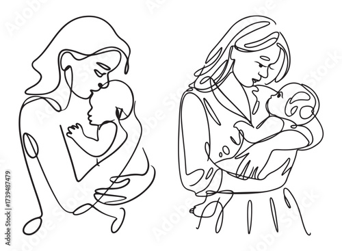 Mother holding baby line art, minimal motherhood sketch illustration, parent and child love vector