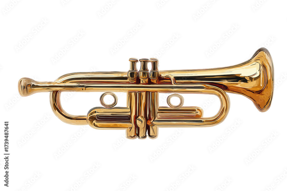Obraz premium Golden brass musical instrument with valves, a mouthpiece, and a flared bell against a dark background