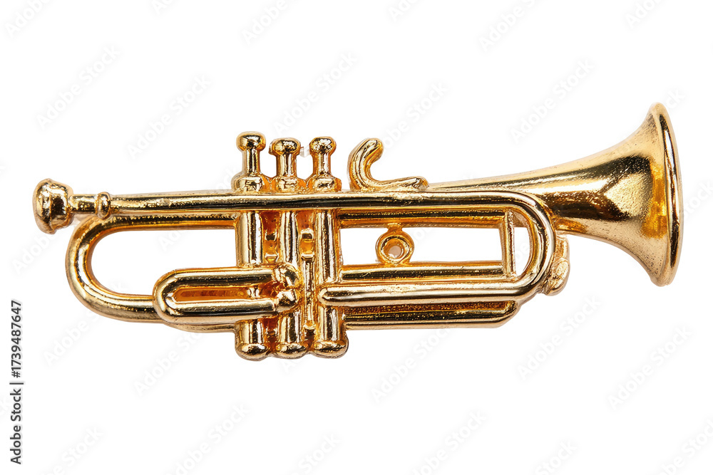 Obraz premium A miniature gold-colored trumpet, isolated against a black background, capturing a musical instrument