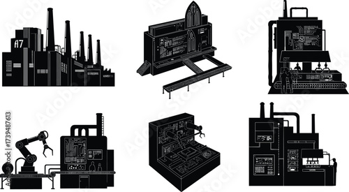 Industrial factory silhouette vector, isometric manufacturing process, automation, robotic arms, machinery, workers, production line, heavy industry, modular plant, modern technology design