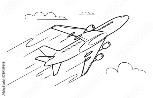 Airplane flying in sky vector illustration, aviation transport line art sketch design