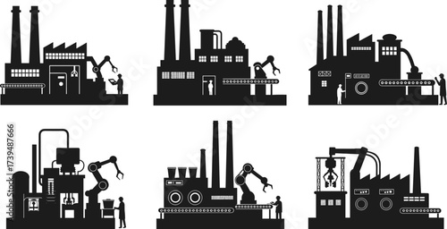 Industrial factory silhouette vector, isometric manufacturing process, automation, robotic arms, conveyor belt, machinery, smokestacks, workers, production line, heavy industry technology design