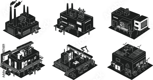 Industrial factory vector illustration, isometric manufacturing buildings, automation, robotic arms, conveyor belt