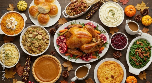 Traditional Thanksgiving Dinner Spread on a Rustic Wooden Table, Top View