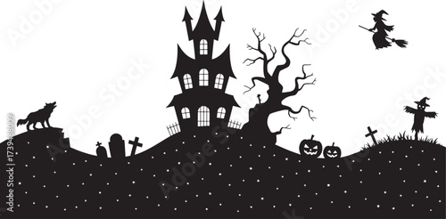 Spooky Halloween Night Silhouette Vector Background with Haunted House and Graveyard
Dark Landscape Scene Featuring Witch, Werewolf, Pumpkins, and Creepy Dead Tree

