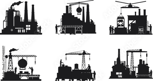 Industrial factory silhouettes, heavy machinery vector icons, construction crane illustration, power plant design, black silhouette workers, building site equipment, engineering industry elements