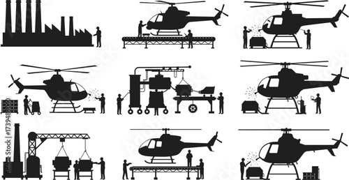 Helicopter manufacturing silhouettes, aerospace industry vector icons, industrial factory illustration, assembly line design, black silhouette workers