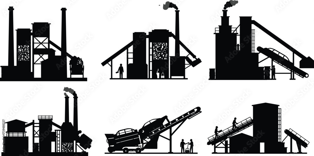 Fototapeta premium Industrial factory silhouette vector set, recycling plant icons, conveyor belt system, smokestacks with smoke, storage tanks, heavy industry, machinery structures, production facility illustration