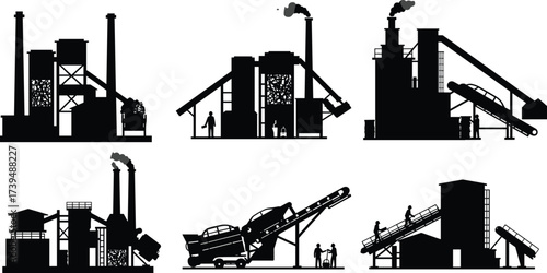 Industrial factory silhouette vector set, recycling plant icons, conveyor belt system, smokestacks with smoke, storage tanks, heavy industry, machinery structures, production facility illustration