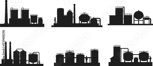 Industrial chemical plant silhouette vector set, refinery factory icons, storage tanks, distillation columns, piping systems, machinery structures, heavy industry, production facility illustration