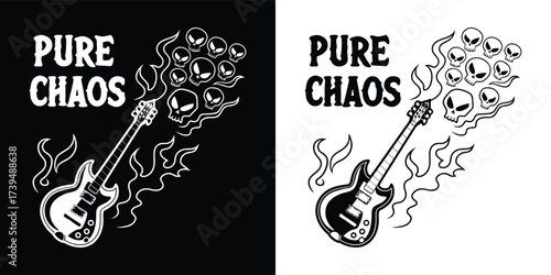 A black and white graphic illustration of an electric guitar with skulls emerging from the top, labeled pure chaos, with flames and smoke, presented in both black on white and white on black versions