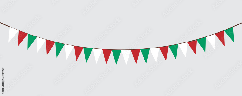 Obraz premium Green, white and red flag garland. Triangle pennants chain. Party decoration. Celebration flags for decor. Vector illustration